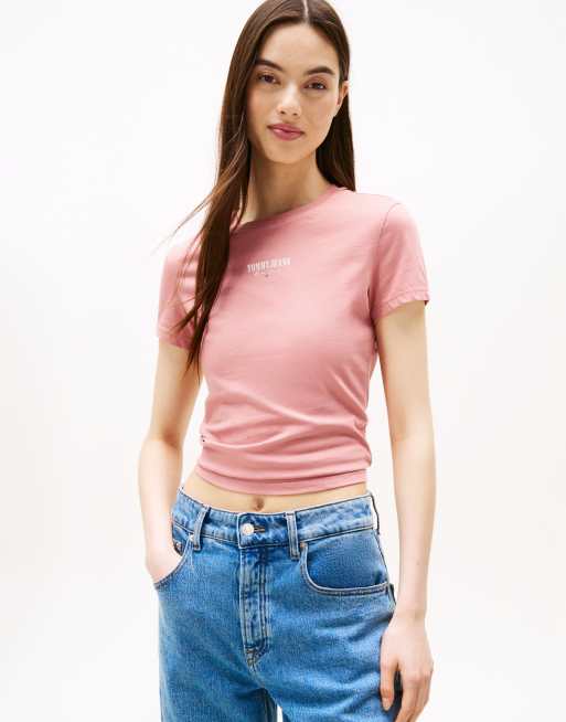Tommy Jeans – Różowy T-shirt o dopasowanym kroju z krótkimi rękawami i logo