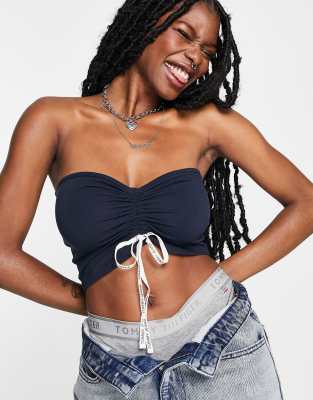 Tommy Jeans ruched cropped cami with logo straps in navy