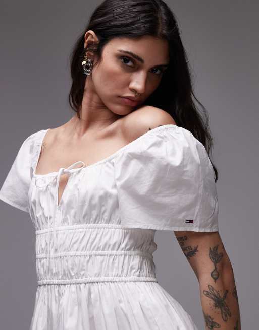 tommy jeans midi dress Tommy Jeans ruched midi poplin dress in ecru