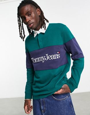 Tommy Jeans relaxed fit serif linear colourblock rugby polo in dark green - ASOS Price Checker