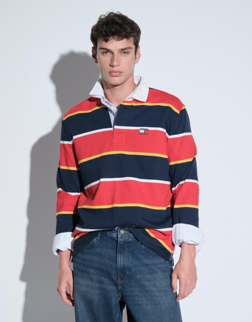 Tommy Jeans rugbytröja med badge-logga i röd/marinblå rand, 3 av 7