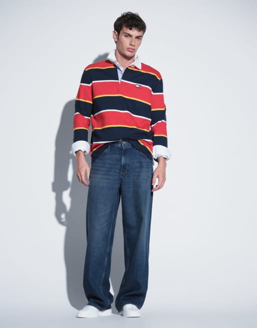 Tommy Jeans rugbytröja med badge-logga i röd/marinblå rand, 6 av 7