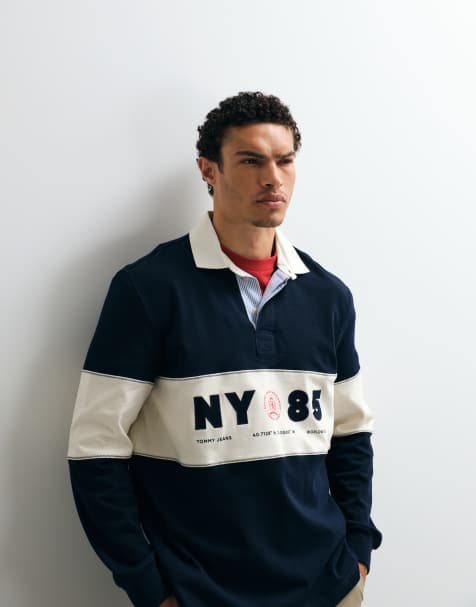 Tommy Jeans - Ruimvallend rugbyshirt met inzetstukken in marineblauw - view 1