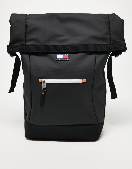 Tommy Jeans - Sac à dos à logo drapeau et dessus roulé - Noir