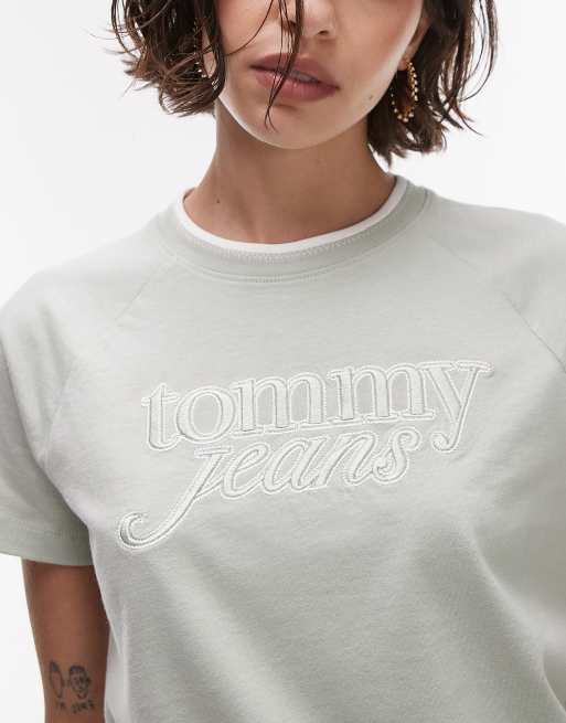 Tommy Jeans – Salviagrön t-shirt med stor, broderad logga, 3 av 4
