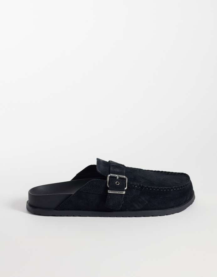 Tommy Jeans Sandalias negras estilo mules de ante auténtico