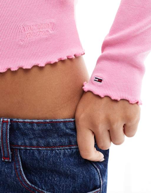 Tommy Jeans Scalloped trim slim long sleeve t-shirt in pink, 2 of 4