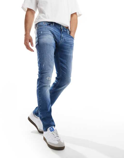 Tommy Jeans – Scanton – Mellanblå, smala jeans med revor