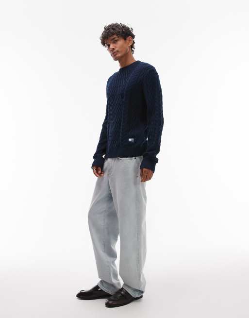 Tommy Jeans – Schmal geschnittener Strickpullover in Marineblau mit Zopfmuster und kurzem Reißverschluss, 2 von 4