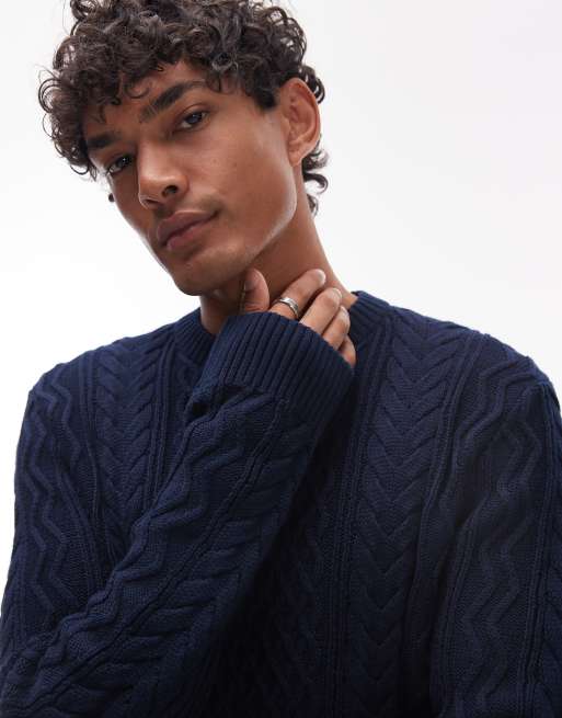 Tommy Jeans – Schmal geschnittener Strickpullover in Marineblau mit Zopfmuster und kurzem Reißverschluss, 4 von 4