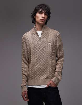 Schmal geschnittener Strickpullover in Taupe mit Zopfmuster und kurzem Reißverschluss-Neutral Neutral 54