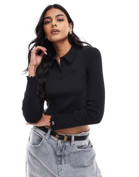 Tommy Jeans – Schmal geschnittenes, langärmliges Cropped-Polohemd in Schwarz - view 1