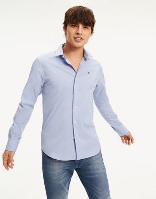 Tommy Jeans slim fit stretch shirt in blue - ASOS Price Checker