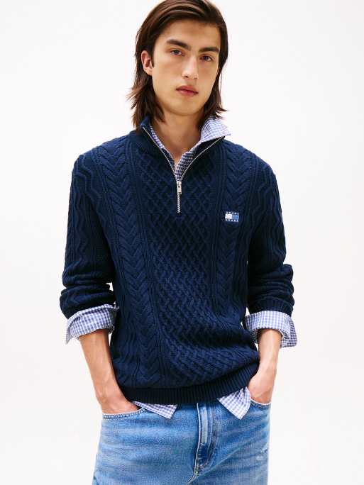 Tommy Jeans – Schmaler Strickpullover in Dunkelblau mit Zopfmuster und kurzem Reißverschluss