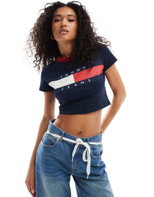 Tommy Jeans – Schmales Ringer-T-Shirt in Marineblau mit eckigem Flaggenlogo, 2 von 4