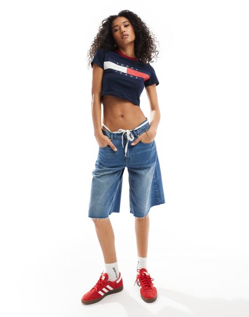 Tommy Jeans – Schmales Ringer-T-Shirt in Marineblau mit eckigem Flaggenlogo, 4 von 4