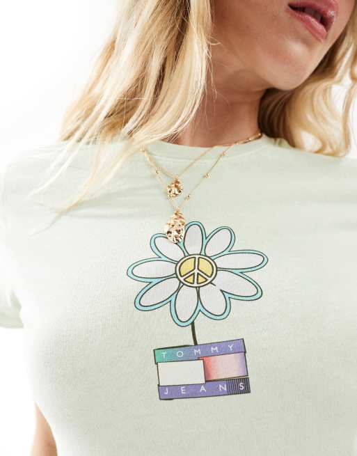 Tommy Jeans – Schmales T-Shirt in Grün mit Flower-Power-Motiv, 4 von 4