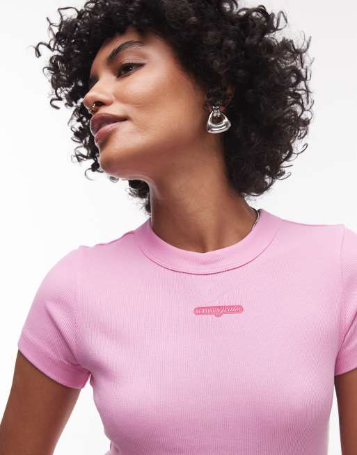 Tommy Jeans – Schmales T-Shirt in Pink mit Schriftzug, 3 von 4