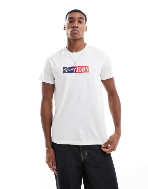 Tommy Jeans – Schmales T-Shirt in Weiß mit Signatur-Logo