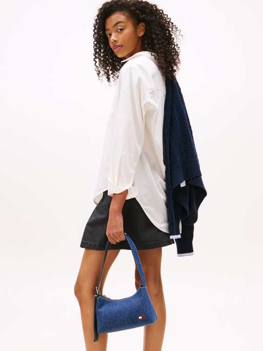 Tommy Jeans – Schultertasche aus Denim in Blau mit Logoplakette