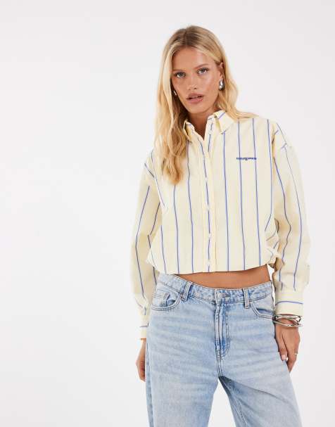Tommy Jeans script logo cropped shirt in yellow stripe - view 1