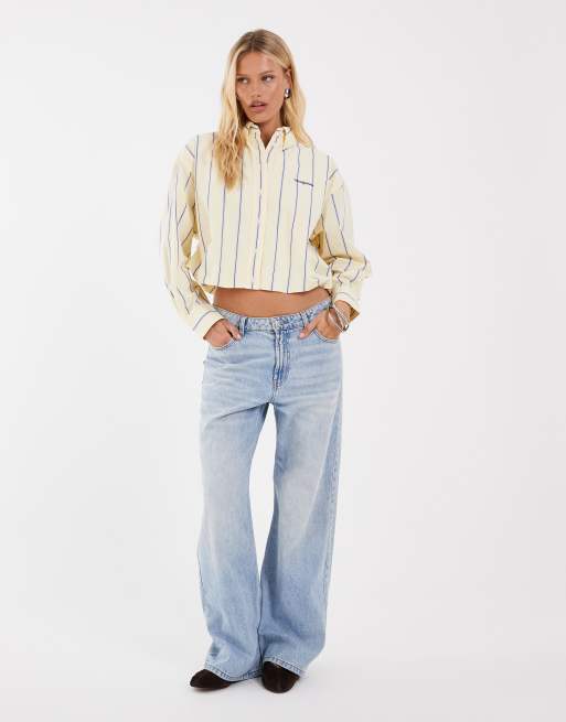 Tommy Jeans script logo cropped shirt in yellow stripe, 2 of 4