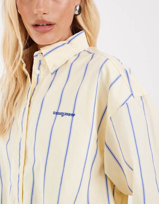 Tommy Jeans script logo cropped shirt in yellow stripe, 4 of 4