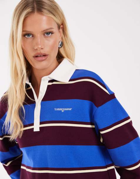Tommy Jeans script logo relaxed fit rugby shirt in blue stripe - view 1