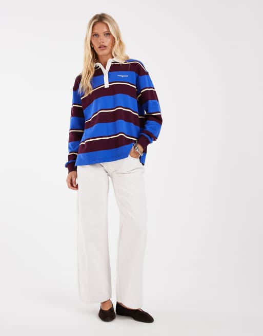 Tommy Jeans script logo relaxed fit rugby shirt in blue stripe, 2 of 4