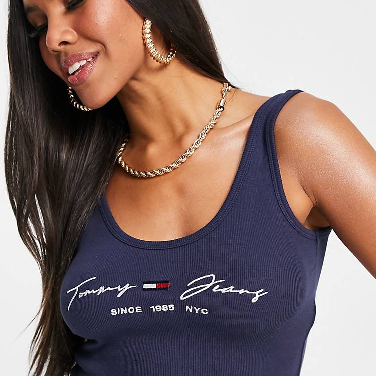 Tommy Jeans script logo scoop neck tank top in navy | ASOS