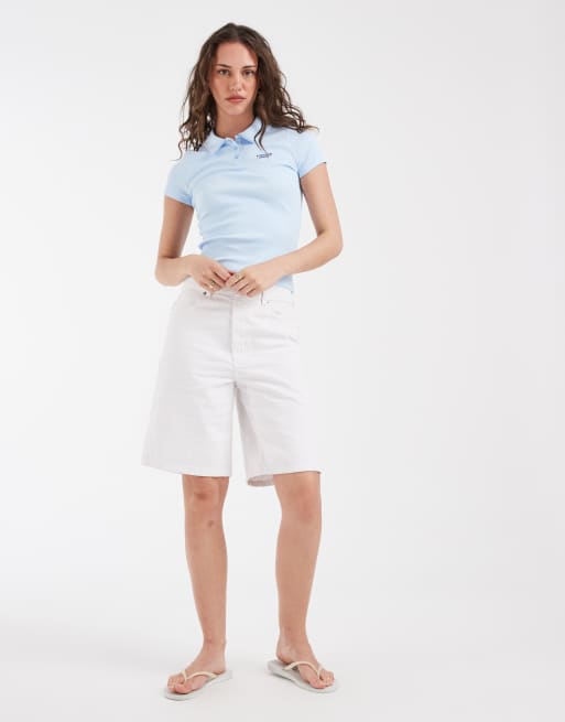 Tommy Jeans script logo slim fit rib polo shirt in baby blue, 3 of 4