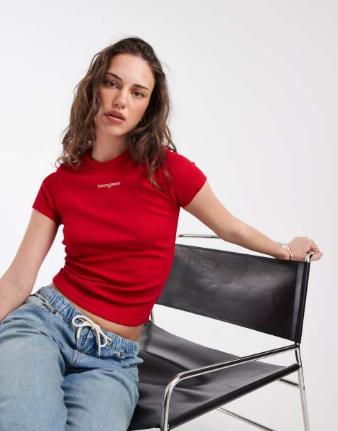 Tommy Jeans script logo slim fit rib t-shirt in red - view 1