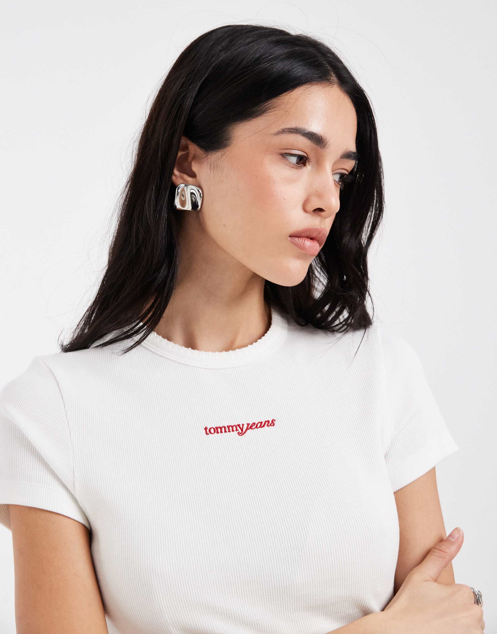 tommy jeans script logo slim fit ribbed t-shirt in white