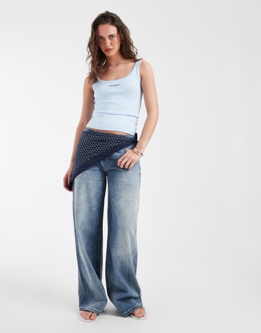 Tommy Jeans script logo slim fit ribbed tank top in baby blue, 2 of 4