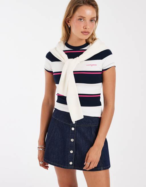 Tommy Jeans script logo slim fit T-shirt in white/navy stripes, 3 of 4