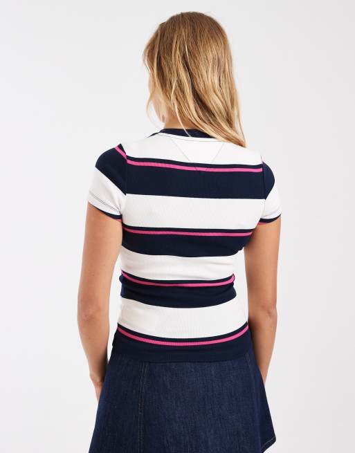 Tommy Jeans script logo slim fit T-shirt in white/navy stripes, 4 of 4