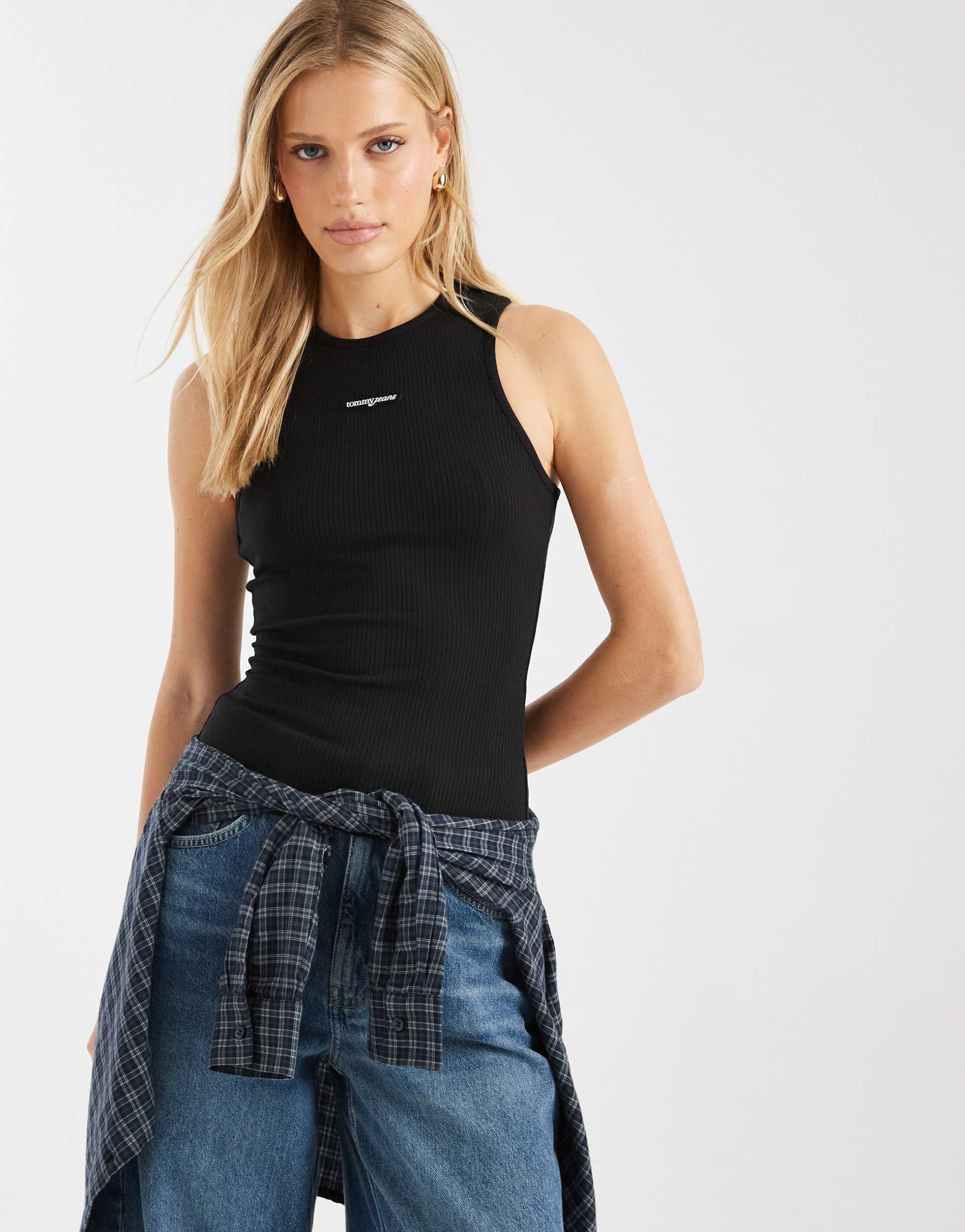 tommy jeans script logo slim fit tank top in black