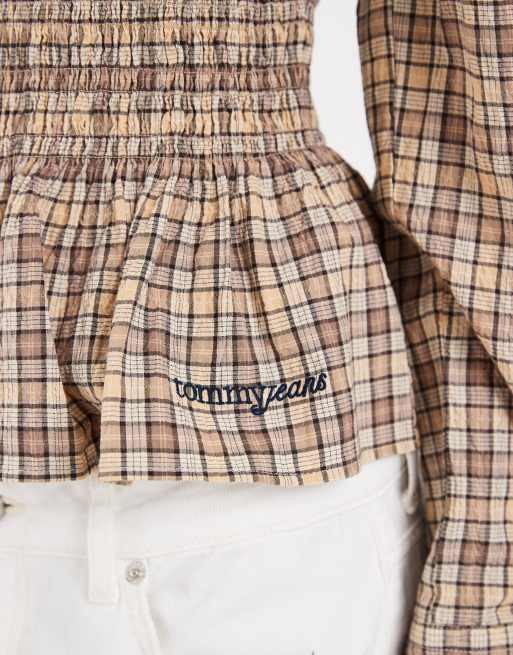 Tommy Jeans script logo smocked peplum shirt in yellow check, 2 of 4
