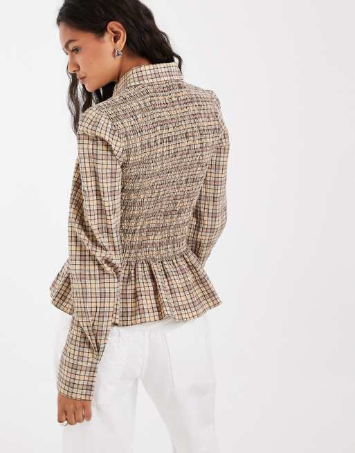 Tommy Jeans script logo smocked peplum shirt in yellow plaid, 4 of 4