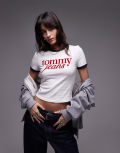 [Tommy Jeans] Tommy Jeans script ringer t-shirt in off white and navy L Ecru