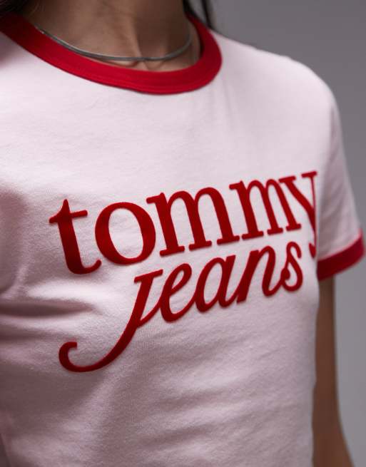 Tommy Jeans script ringer t-shirt in pink and red, 4 of 4