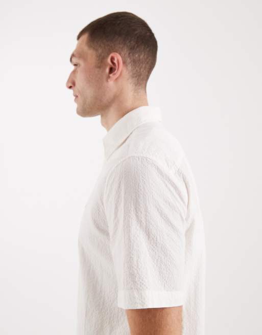 Tommy Jeans - Seersucker overhemd met korte mouwen in crème, 4 van 5