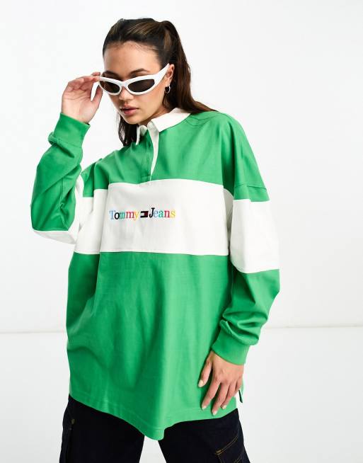 Tommy Jeans serif linear logo rugby top in green | ASOS