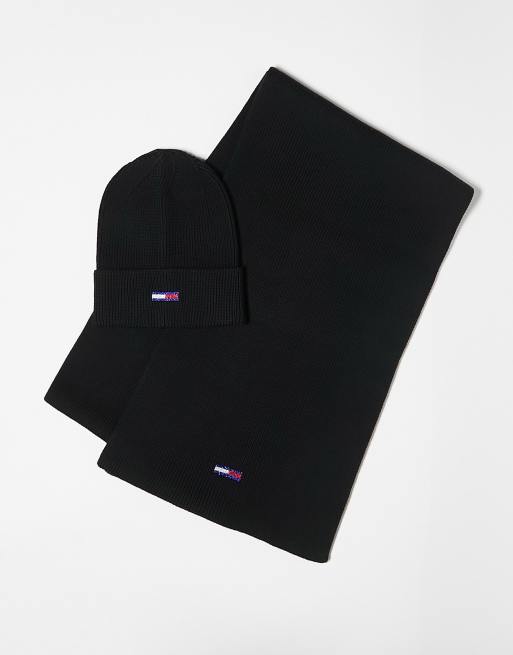 Tommy Jeans - Set con berretto e sciarpa nero con logo a bandiera