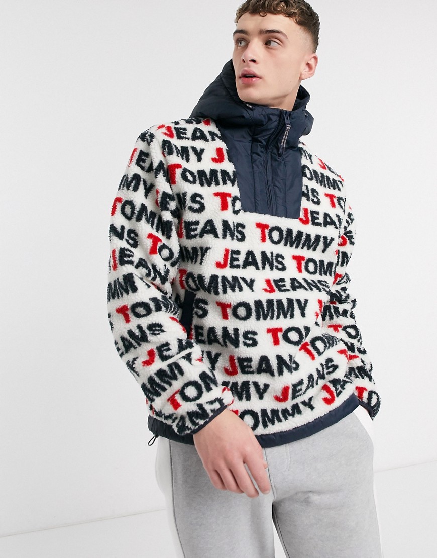 Tommy Jeans sherpa all over logo popover jacket in white