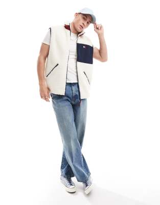 Tommy Jeans Sherpa Gilet In Off White And Blue