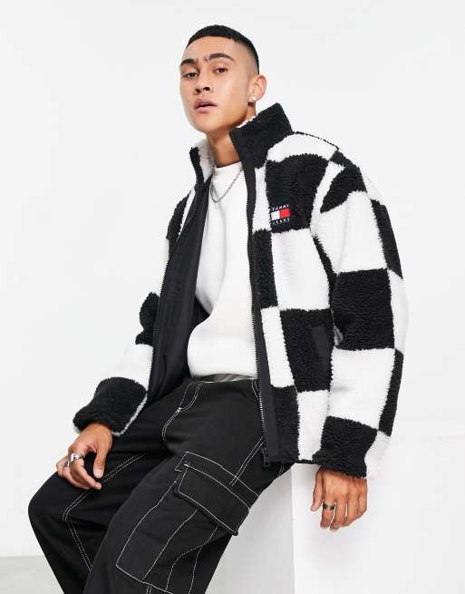Tommy Jeans - Sherpa jack met geblokte print in gebroken wit en zwart