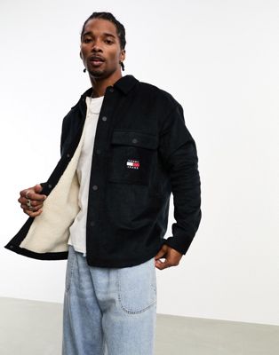 Tommy Jeans sherpa lined cord overshirt in black