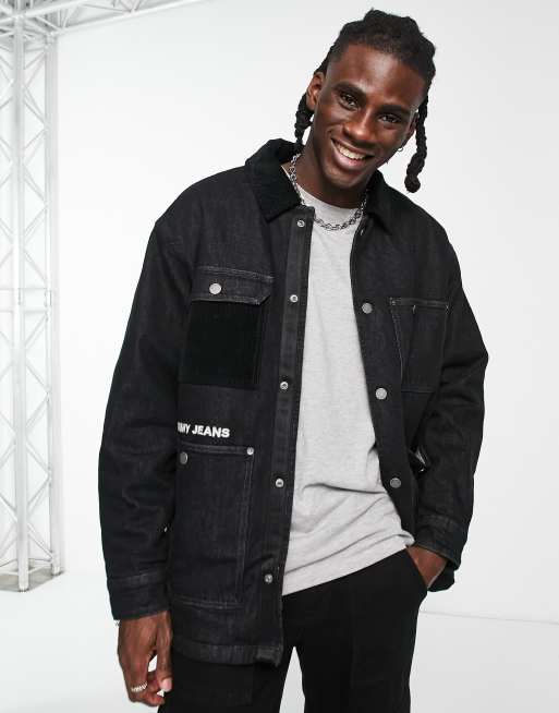 Tommy Jeans sherpa lined denim worker jacket in black | ASOS