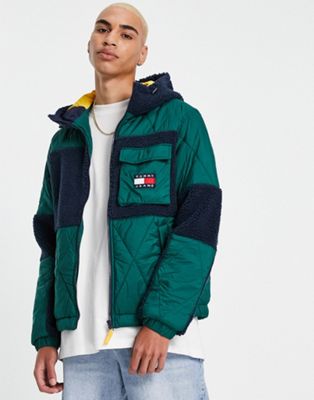 Tommy Jeans sherpa quilt hybrid hooded jacket in green/navy